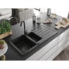 Mexen Andres chiuvetă din granit 1,5 camere cu scurgător și robinet de bucătărie Telma, negru/argintiu - 6515-73-670200-70-B