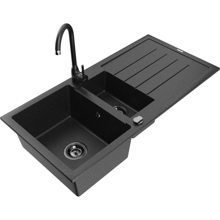 Mexen Andres gránit mosogató 1,5 rekesszel, lefolyóval és konyhai csapteleppel Telma, fekete/ezüst - 6515-73-670200-70-B