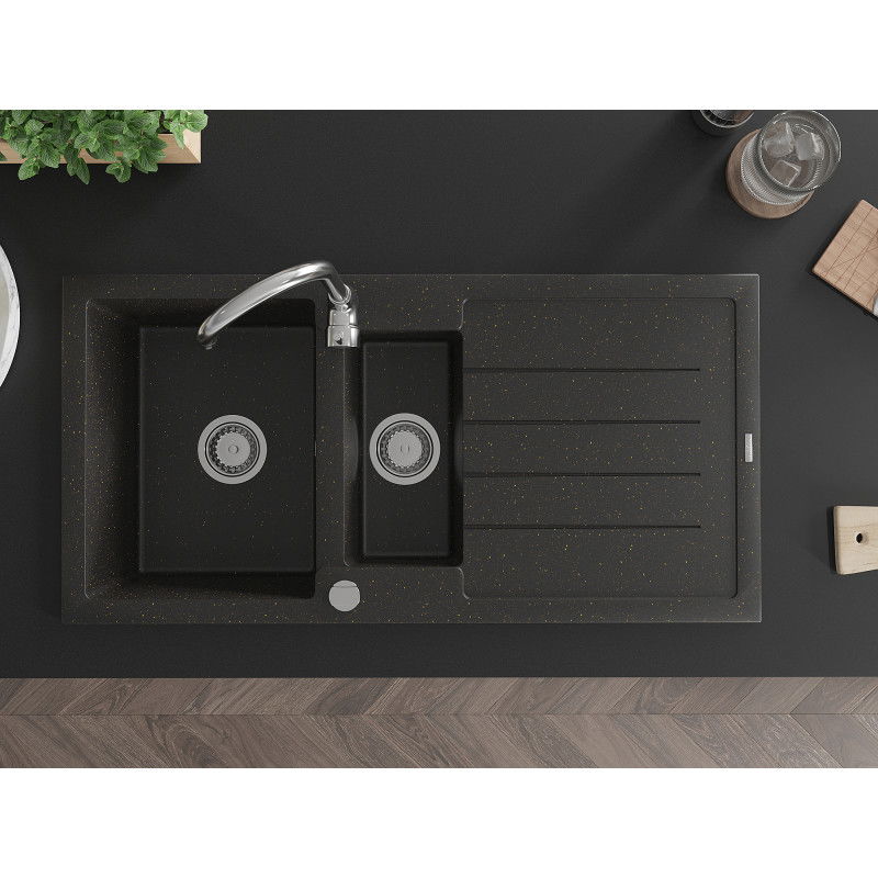 Mexen Andres chiuvetă din granit cu 1,5 compartimente cu scurgător și baterie de bucătărie Telma, negru/auriu