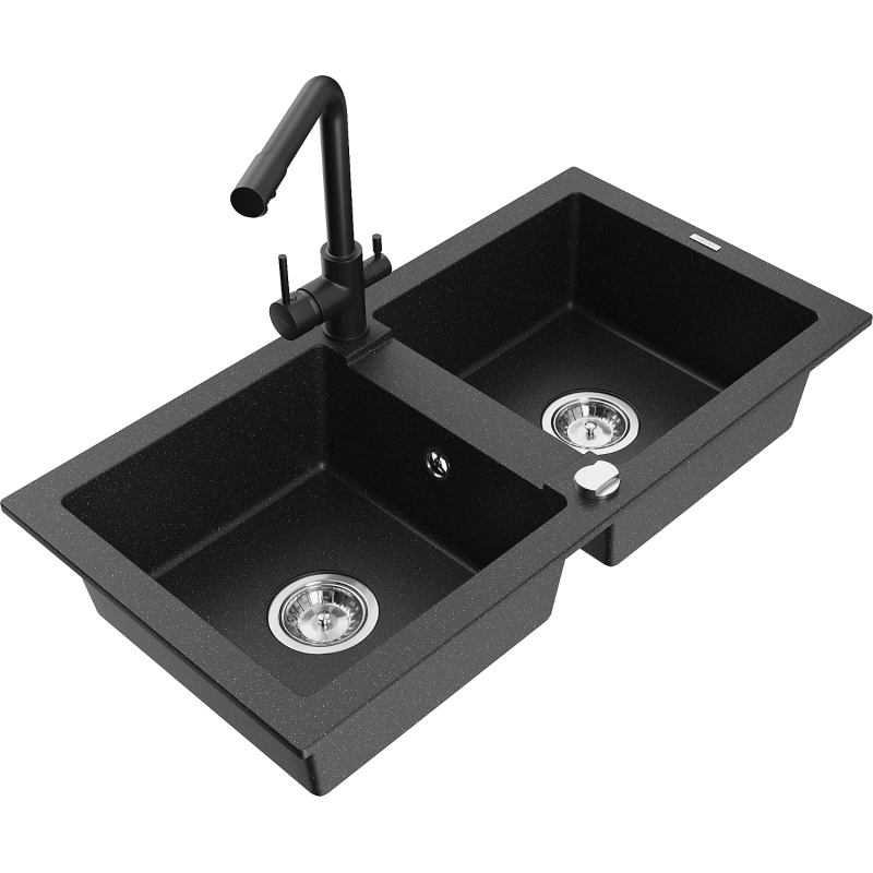 Mexen Mario chiuvetă de granit cu 2 compartimente și baterie de bucătărie Duero, negru/metallic argintiu - 6504-73-671600-70
