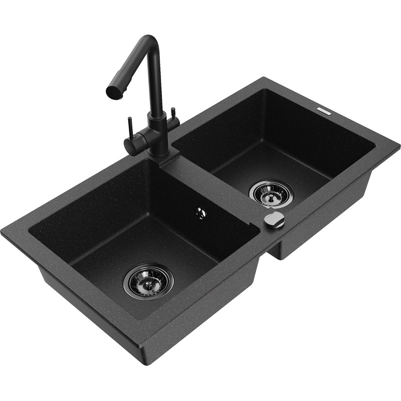 Mexen Mario 2 rekeszes gránit mosogató csapteleppel Duero, fekete/ezüst metál - 6504-73-671600-70-B