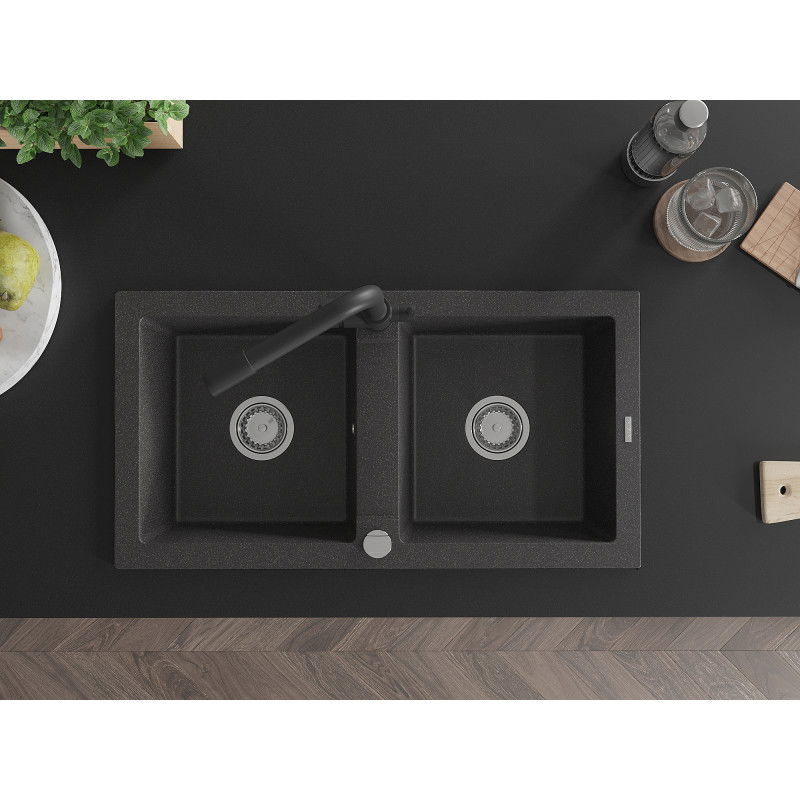 Mexen Mario 2-medencés gránit mosogató Duero konyhai csapteleppel, fekete pöttyös - 6504-76-671600-70