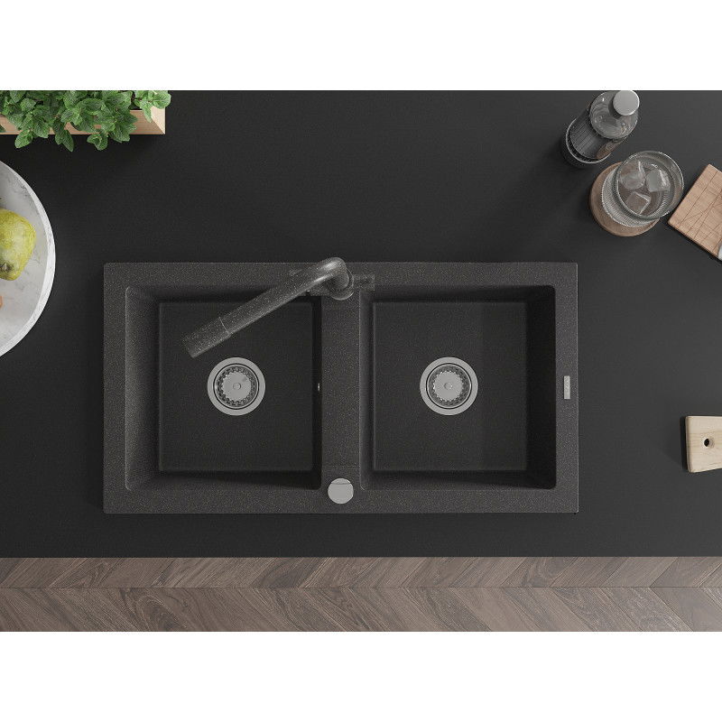 Mexen Mario chiuvetă din granit cu 2 compartimente și robinet de bucătărie Duero, negru pistruiat - 6504-76-671600-76