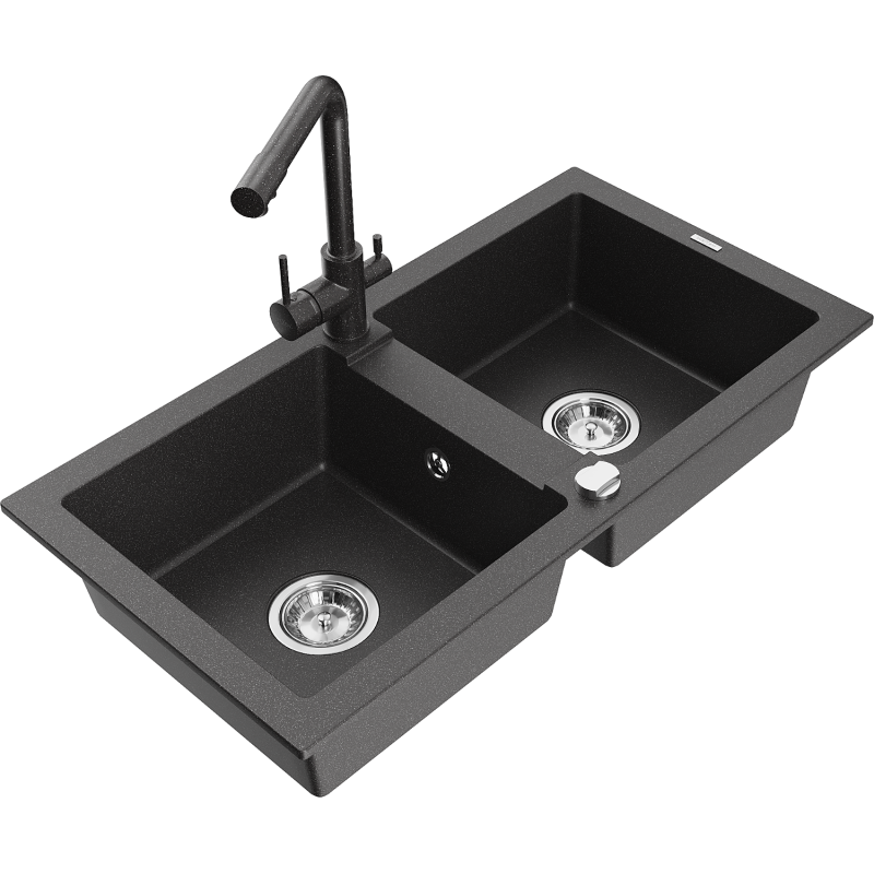 Mexen Mario chiuvetă din granit cu 2 compartimente și robinet de bucătărie Duero, negru pistruiat - 6504-76-671600-76