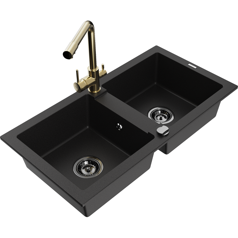 Mexen Mario chiuvetă de bucătărie din granit cu 2 compartimente cu baterie de bucătărie Duero, negru - 6504-77-671600-50-B