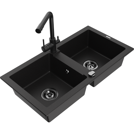 Mexen Mario 2 rekeszes gránit mosogató Duero konyhai csappal, fekete - 6504-77-671600-70-B