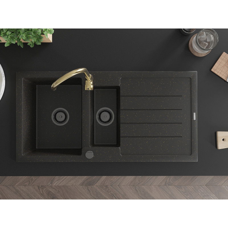 Mexen Andres 1,5 rekeszes gránit mosogató csepegtetővel és Telma konyhai csappal, fekete/arany - 6515-75-670200-50-B