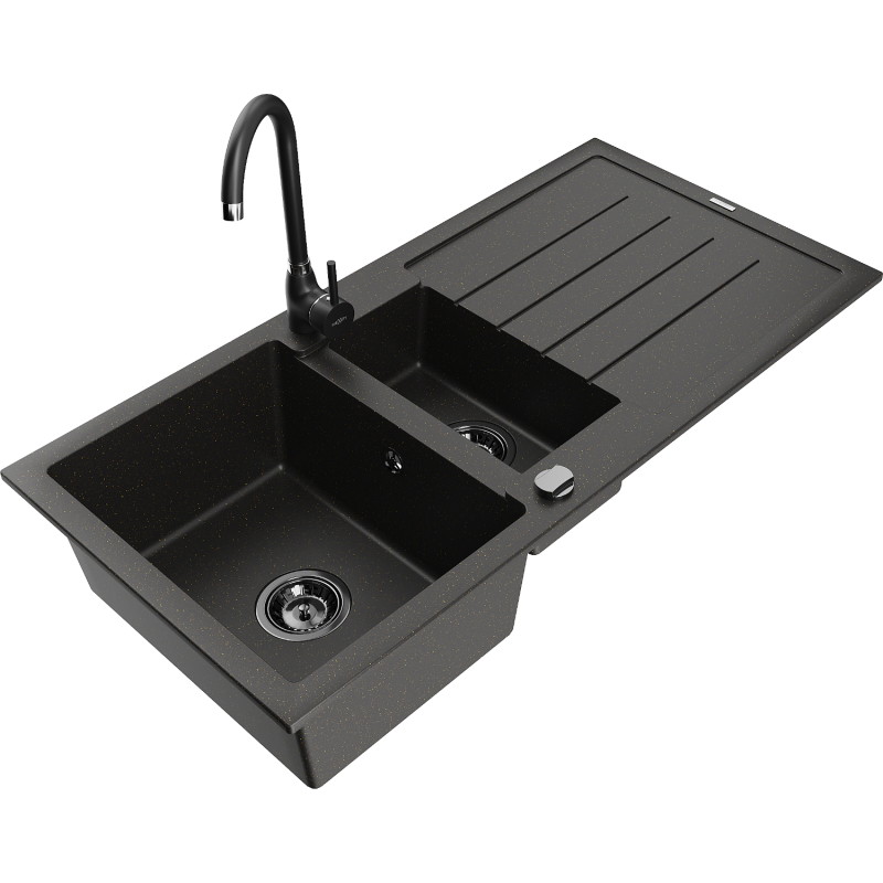 Mexen Andres chiuvetă de granit cu 1,5 camere cu scurgător și baterie de bucătărie Telma, negru/auriu - 6515-75-670200-70-B