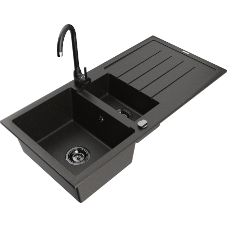 Mexen Andres chiuvetă de granit cu 1,5 camere cu scurgător și baterie de bucătărie Telma, negru/auriu - 6515-75-670200-70-B