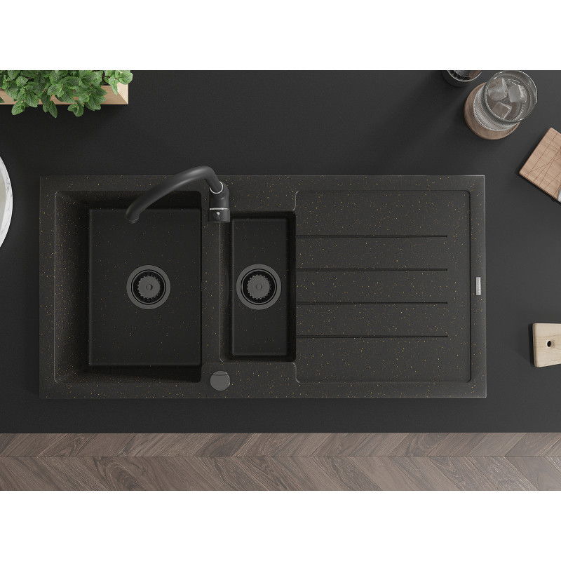 Mexen Andres gránit mosogató 1,5 medencés csepegtetővel és Telma konyhai csapteleppel, fekete/arany - 6515-75-670200-70-B