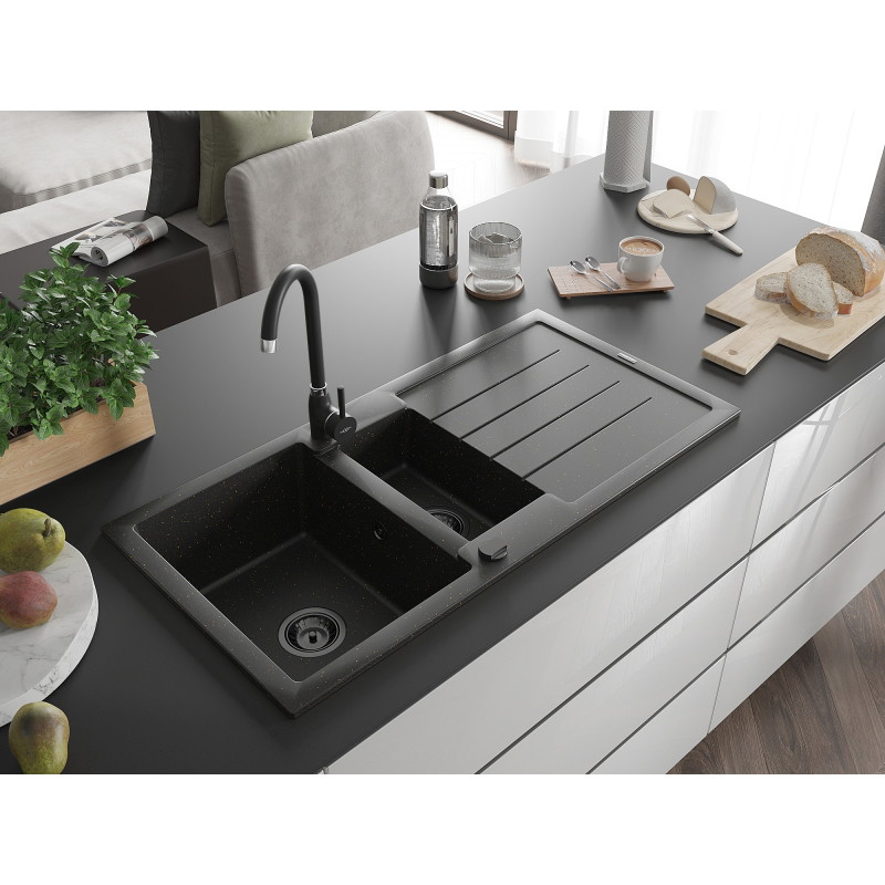 Mexen Andres chiuvetă de granit cu 1,5 camere cu scurgător și baterie de bucătărie Telma, negru/auriu - 6515-75-670200-70-B