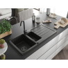 Mexen Andres chiuvetă de granit cu 1,5 camere cu scurgător și baterie de bucătărie Telma, negru/auriu - 6515-75-670200-70-B
