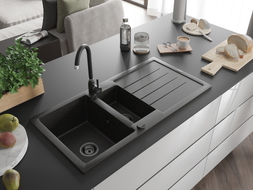 Mexen Andres chiuvetă de granit cu 1,5 camere cu scurgător și baterie de bucătărie Telma, negru/auriu - 6515-75-670200-70-B