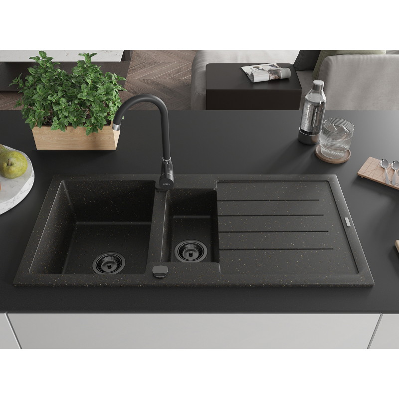 Mexen Andres chiuvetă de granit cu 1,5 camere cu scurgător și baterie de bucătărie Telma, negru/auriu - 6515-75-670200-70-B