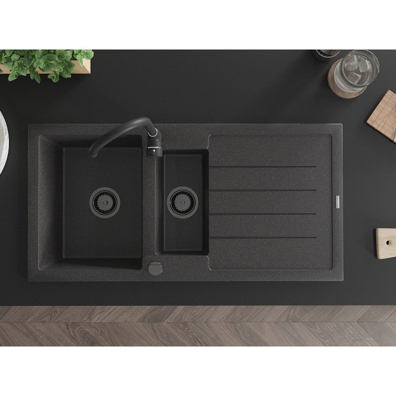 Mexen Andres 1,5 tálcás gránit mosogató lefolyóval és Telma konyhai csapteleppel, fekete foltos - 6515-76-670200-70-B