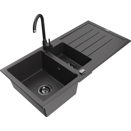 Mexen Andres chiuvetă de granit 1,5-camere cu scurgător și baterie de bucătărie Telma, negru pătat - 6515-76-670200-70-B