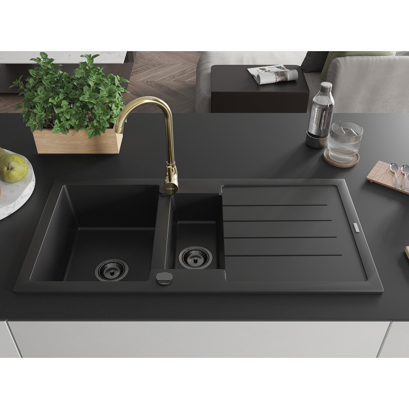 Mexen Andres chiuvetă de granit cu 1,5 camere cu scurgător și baterie de bucătărie Telma, negru - 6515-77-670200-50-B