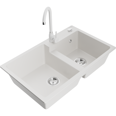 Chiuvetă de granit Mexen Tomas cu 2 compartimente și baterie de bucătărie Telma, alb - 6516-20-670200-20