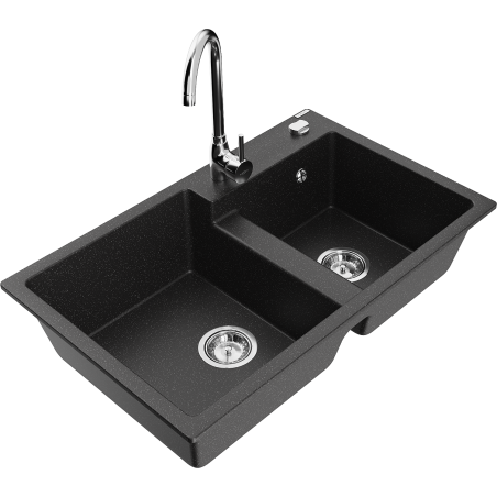 Mexen Tomas chiuvetă din granit cu 2 compartimente și baterie de bucătărie Telma, negru/argintiu metalic - 6516-73-670200-00