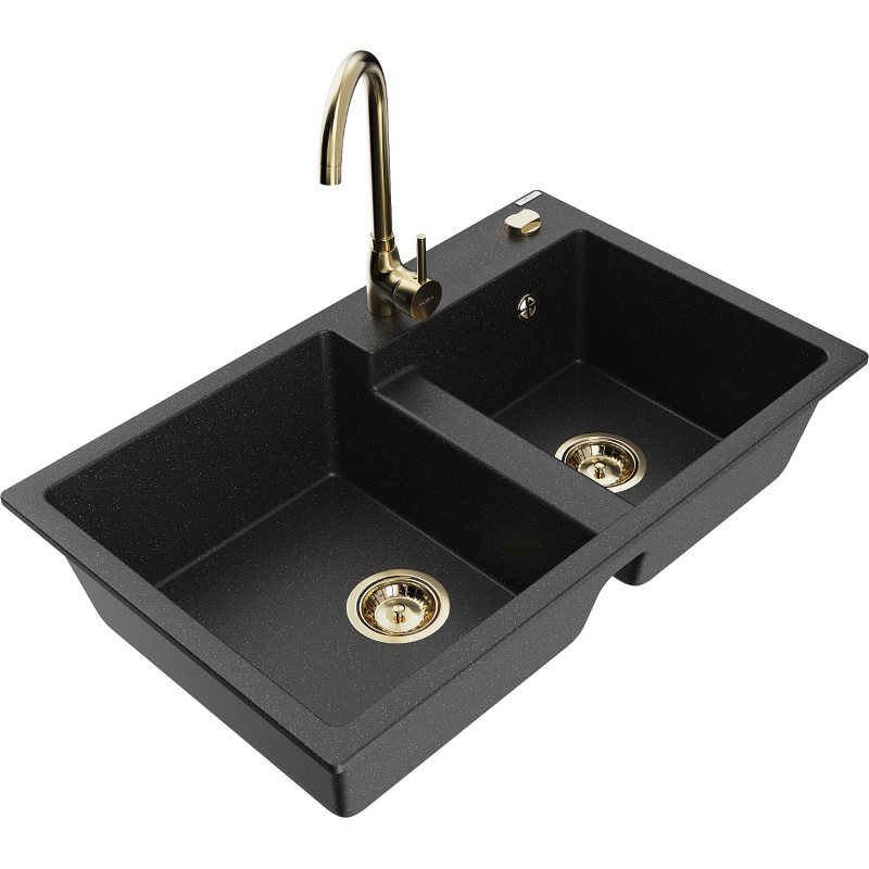 Mexen Tomas chiuvetă granit 2 compartimente cu baterie de bucătărie Telma, negru/metal argintiu - 6516-73-670200-50