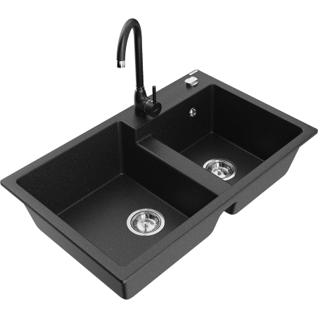 Mexen Tomas chiuvetă de granit cu 2 compartimente cu baterie de bucătărie Telma, negru/metalizată argintiu