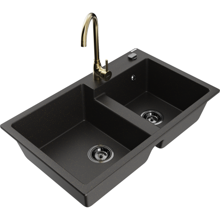 Mexen Tomas chiuvetă de granit cu 2 compartimente cu baterie de bucătărie Telma, negru/auriu metalic - 6516-75-670200-50-B