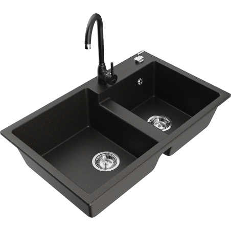 Mexen Tomas chiuvetă de granit cu 2 compartimente și baterie de bucătărie Telma, negru/auriu metalic - 6516-75-670200-70