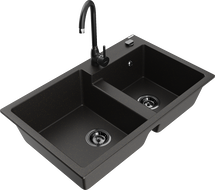 Mexen Tomas chiuvetă din granit cu 2 compartimente și baterie de bucătărie Telma, negru/auriu metalizat