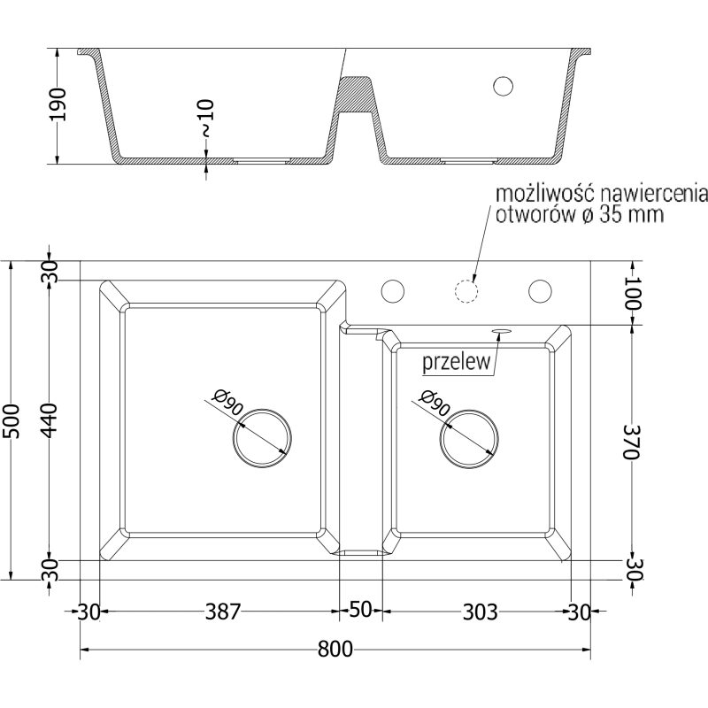 Mexen Tomas gránit mosogató 2 medencés konyhai csapteleppel Telma, fekete - 6516-77-670200-50-B