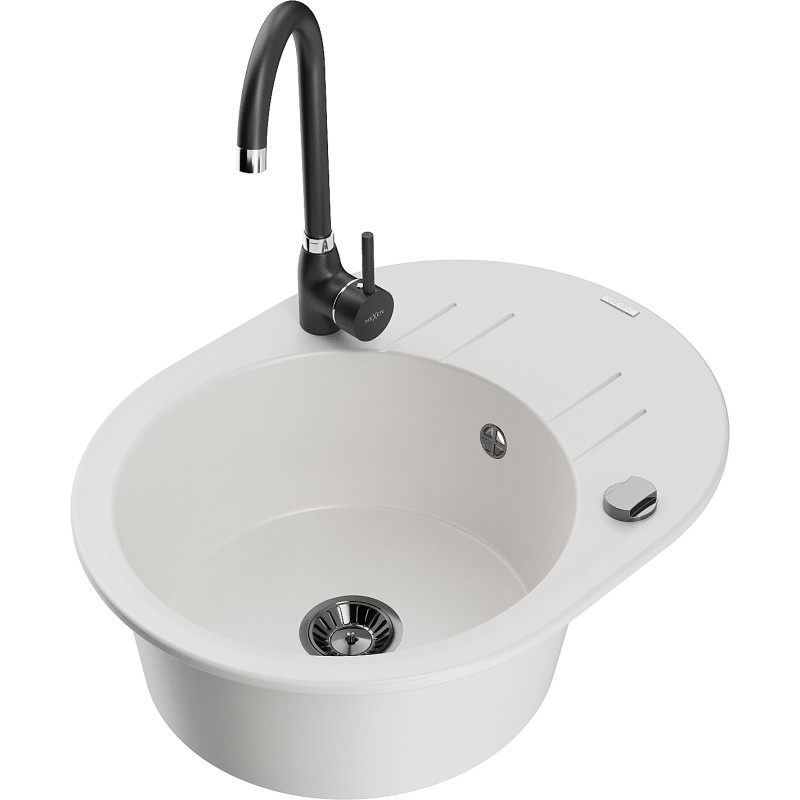 Mexen Kevin gránit egymedencés mosogató lefolyóval és konyhai csappal Telma, fehér - 6517-20-670200-70