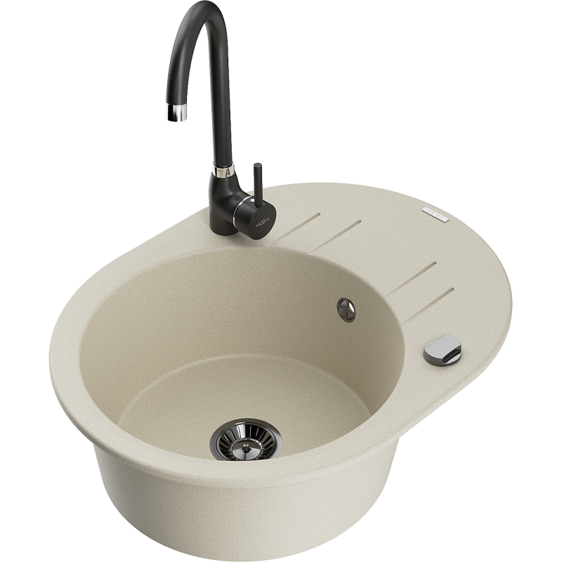 Mexen Kevin chiuvetă de granit cu 1 compartiment, cu scurgător și baterie de bucătărie Telma, bej - 6517-69-670200-70