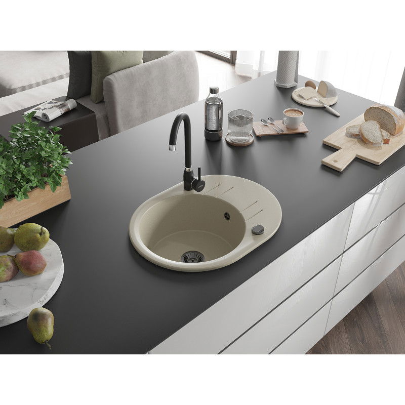 Mexen Kevin egymedencés gránit mosogató csepegtetővel és Telma konyhai csappal, bézs - 6517-69-670200-70