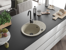 Mexen Kevin egymedencés gránit mosogató csepegtetővel és Telma konyhai csappal, bézs - 6517-69-670200-70