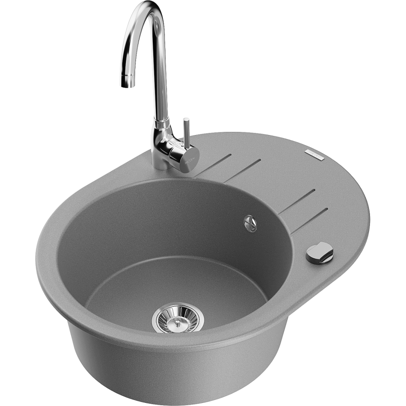 Mexen Kevin chiuvetă de granit cu 1 compartiment cu scurgător și baterie de bucătărie Telma, gri - 6517-71-670200-00