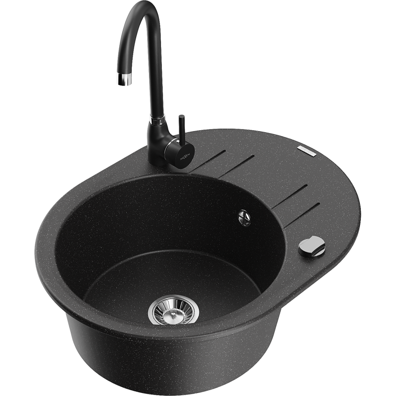 Mexen Kevin chiuvetă granitică cu 1 compartiment cu picurător și baterie de bucătărie Telma, negru/argintiu metalic