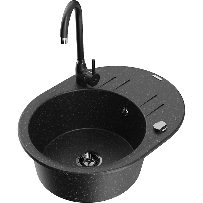 Mexen Kevin chiuvetă de bucătărie din granit cu 1 compartiment cu picurător și baterie Telma, negru/argintiu metalic