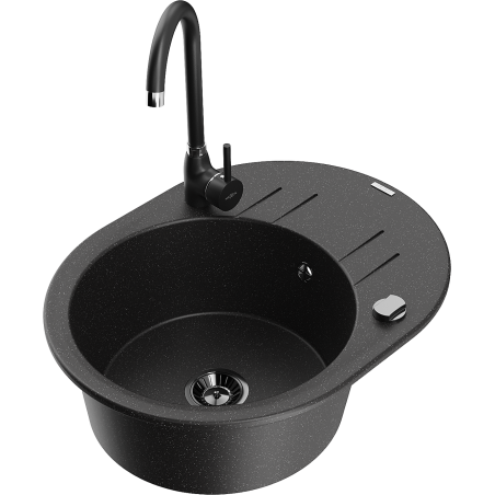 Mexen Kevin chiuvetă de bucătărie din granit cu 1 compartiment cu picurător și baterie Telma, negru/argintiu metalic