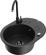 Mexen Kevin chiuvetă de bucătărie din granit cu 1 compartiment cu picurător și baterie Telma, negru/argintiu metalic