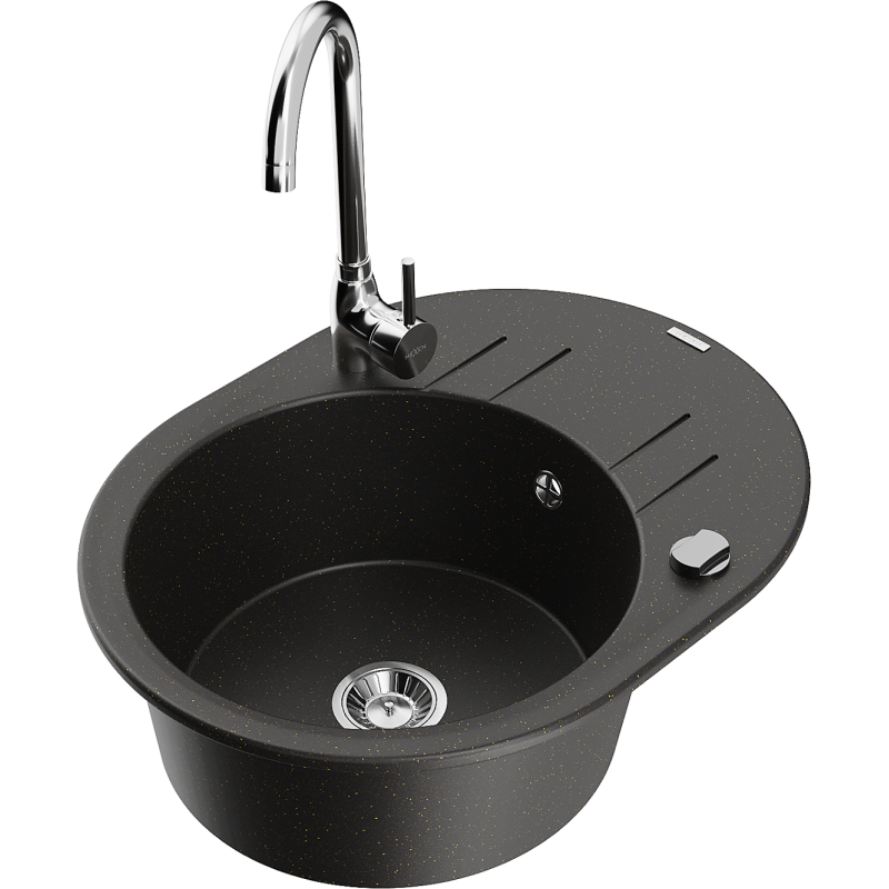 Mexen Kevin 1-medencés gránit mosogató csepegtetővel és Telma konyhai csappal, fekete/arany metál - 6517-75-670200-00