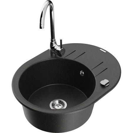 Mexen Kevin 1-medencés gránit mosogató csepegtetővel és Telma konyhai csappal, fekete/arany metál - 6517-75-670200-00