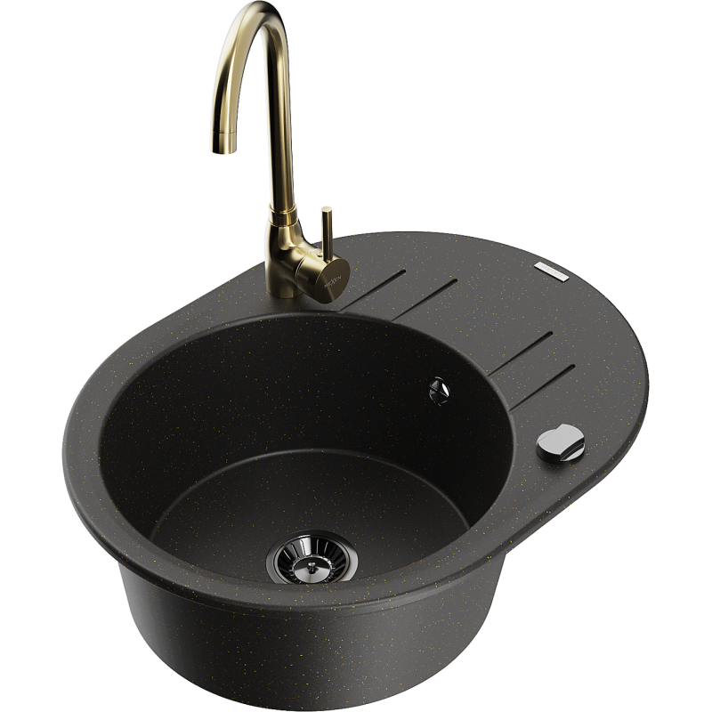 Mexen Kevin chiuvetă de granit cu 1 cameră, cu scurgător și baterie de bucătărie Telma, negru/auriu metalic