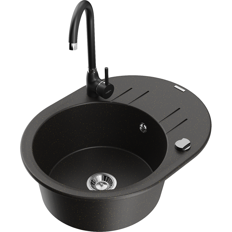 Mexen Kevin chiuvetă de granit cu 1 compartiment cu scurgător și baterie de bucătărie Telma, negru/auriu metalizat