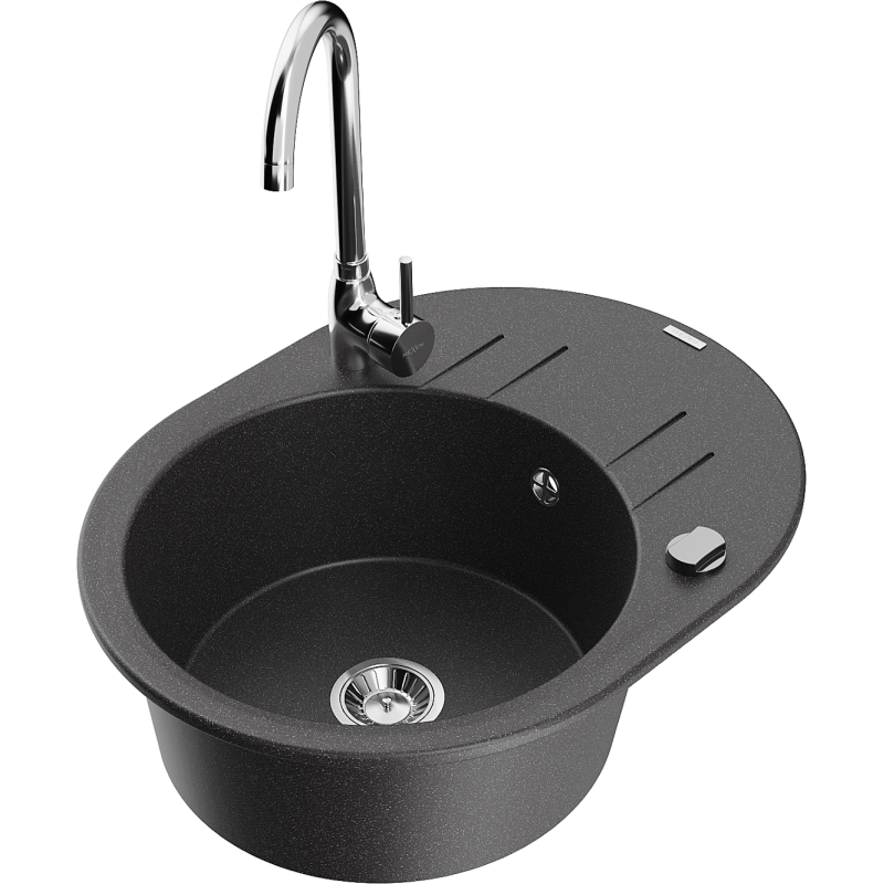 Mexen Kevin egymedencés gránit mosogató csepptálcával és Telma konyhai csapteleppel, fekete pöttyös - 6517-76-670200-00