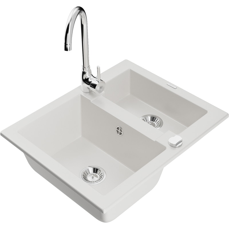 Mexen Carlos chiuvetă de bucătărie din granit, cu 1,5 compartimente, cu robinet de bucătărie Telma, alb - 6518-20-670200-00