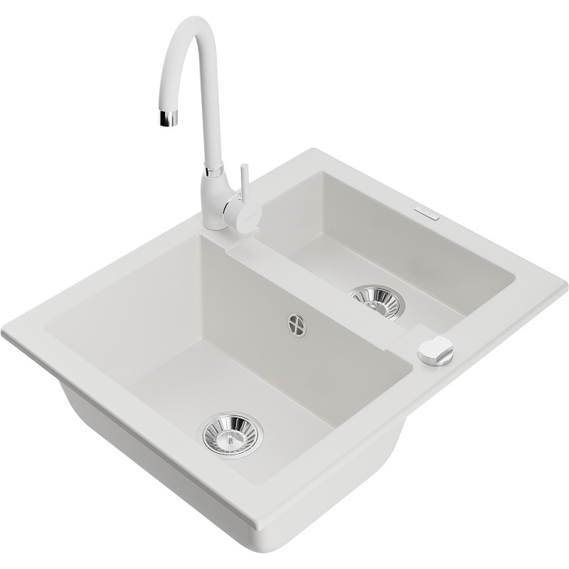Mexen Carlos chiuvetă de granit 1,5-compartiment cu robinet de bucătărie Telma, alb - 6518-20-670200-20