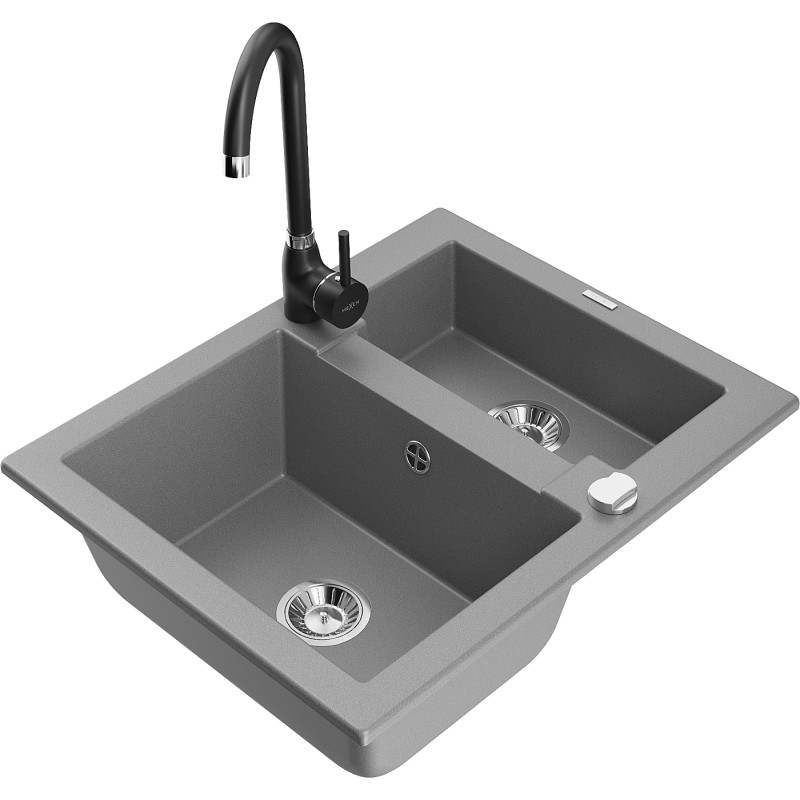 Mexen Carlos chiuvetă din granit cu 1,5 compartimente cu baterie de bucătărie Telma, gri - 6518-71-670200-70