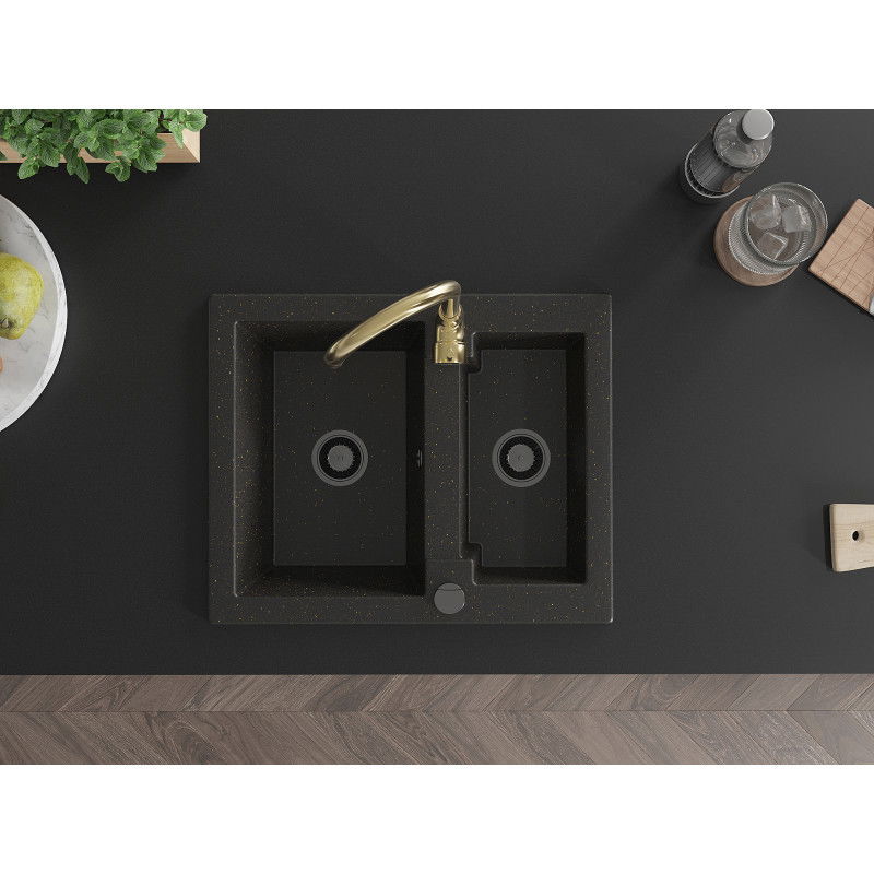 Mexen Carlos chiuvetă de granit cu 1,5 compartimente cu baterie de bucătărie Telma, negru/auriu metalizat - 6518-75-670200-50-B