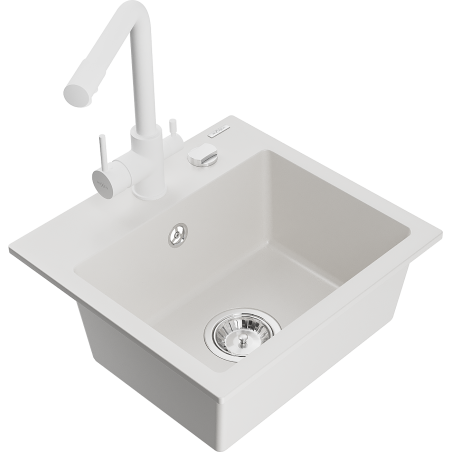 Mexen Milo chiuvetă din granit cu 1 compartiment și baterie de bucătărie Duero, albă - 6505-20-671600-20