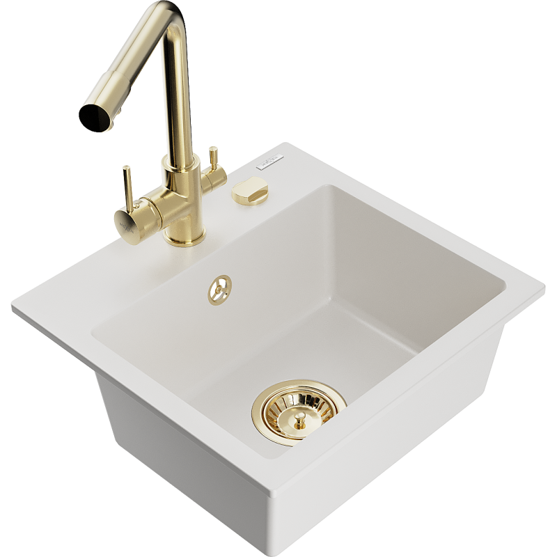 Mexen Milo chiuvetă de bucătărie din granit cu 1 compartiment și baterie Duero, alb - 6505-20-671600-50