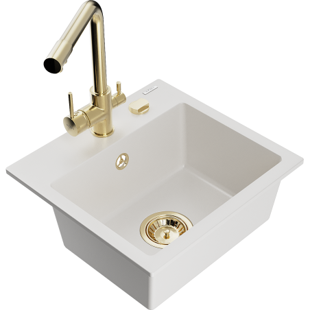 Mexen Milo chiuvetă de bucătărie din granit cu 1 compartiment și baterie Duero, alb - 6505-20-671600-50